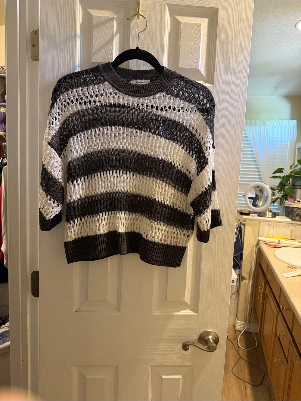 Madewell Black & White Open-Knit Striped Short-Sleeve Sweater